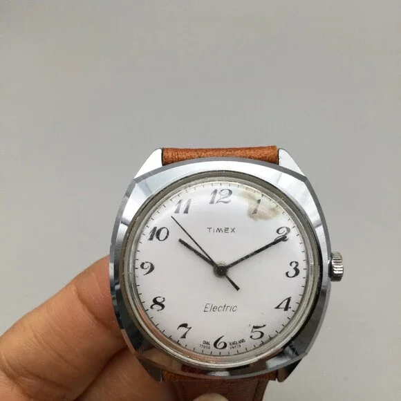 Vintage Timex Electric Watch Men 37mm Silver Tone A Cell Leather New Battery